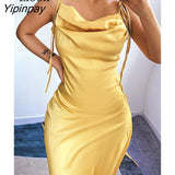Yipinpay Yellow Satin Ruched Midi Dress Women High Waist 2023 Summer Spaghetti Strap Robe Backless Drawstring Party Sexy Dresses