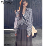 Yipinpay 2023 Summer Long Sleeve Plaid Chiffon Shirt Women Korean style Button Up Ladies Crop Tops Causal Female Clothing Blouse