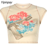 Yipinpay Women's T-shirt Harajuku Y2K crop Top Harajuku Retro Korean Black Demon Punk Gothic Anime Print Clothes Slim anime