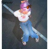 Yipinpay letter Print Summer emo girl Crop Tops Baby Tee Slim 2000s fairy grunge Streetwear Harajuku Goth Cute Short Sleeve T-shirts