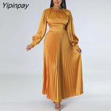 Yipinpay Satin Pleated Maxi Dress For Women Fashion O-neck Lantern Long Sleeve High Waist Lady Dress 2023 Summer Female Streetwear