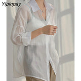 Yipinpay 2023 Summer Long Sleeve Chiffon White Shirt Women Transparent Button Sun Protection Ladies Blouse Beach Female Clothing