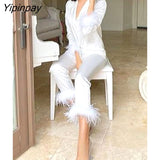Yipinpay With Feather Blazer And Straight Pants Suits Women Fashion Furry Tailored Collar Shirts Trousers Two Piece Set Lady Outfit