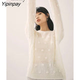 Yipinpay 2023 Winter Korean style Long Sleeve Loose White Sweater Women Minimalist Style Hollow Out Ladies Pullover Female Tops