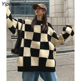 Yipinpay 2023 Winter Korean style Loose Plaid Sweater Women Casual Full Sleeve Oversize Long Knit Pullover Female Clothing Tops
