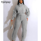 Yipinpay Women's Tassel Knited Tracksuit Sets Elegant Puff Sleeve Turtleneck Sweater And Pants 2 Piece Suits 2023 Warm Sweaters Outfits