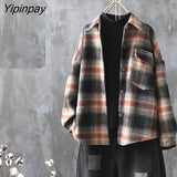 Yipinpay 2023 Winter Korean Style Long Sleeve Plaid Wool Liner Shirt Women Casual Button Up Loose Thick Ladies Tunic Blouse Tops