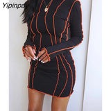Yipinpay Women's Convex Strip Flare Sleeve Slim Midi Dress 2023 Spring O Neck Party Club Mini Dresses Female Office Solid Robe Outifits