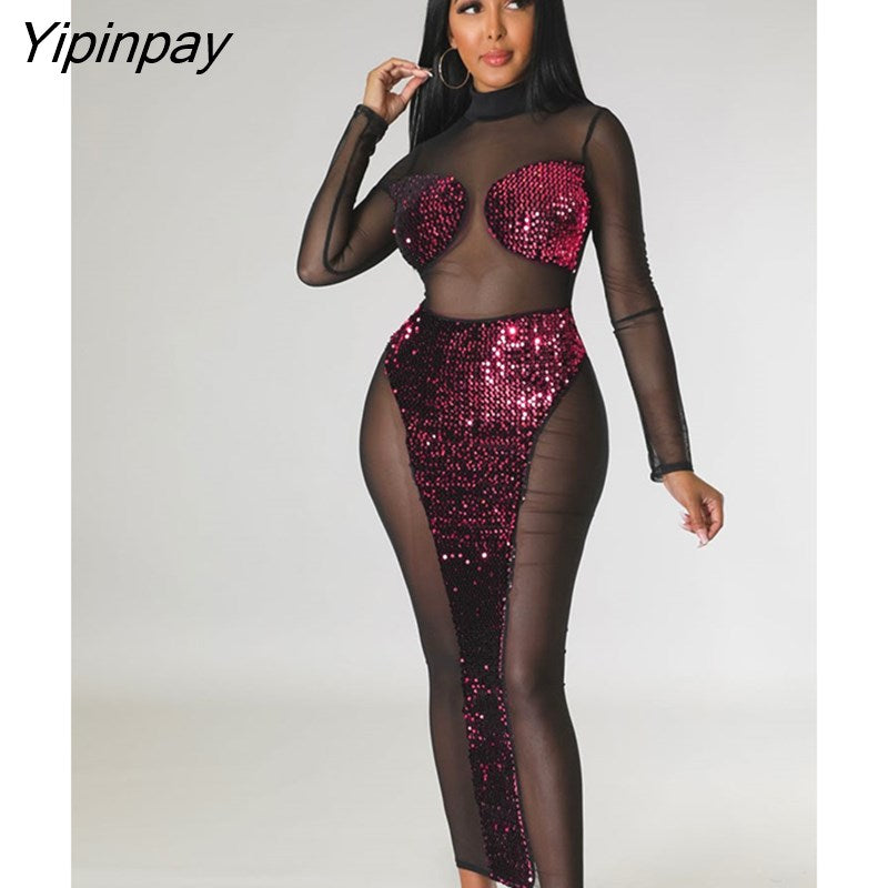 Yipinpay Women Turtleneck Sequins Mesh Patchwork Dress Sexy See Through Long Sleeve Bodycon Dresses 2023 Female Evening Prom Dress