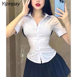 Yipinpay 2023 Summer Sexy Slim Short Sleeve White Shirt Women Button Tie Ladies Blouse Office Cosplay New In Female Clothing Tops