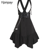 Yipinpay Black Casual Skirt Gothic Streetwear Women Lace Up Button A Line Skirt Double Breasted Mini Solid Skirts
