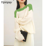 Yipinpay 2023 Winter Korean Style Long Sleeve Patchwork Sweater Women Casual Loose Mohair O Neck Pullover Female Clothing Tops