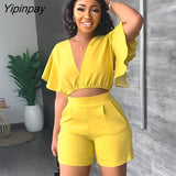 Yipinpay Lotus Leaf Sleeves Shirt Pants Suit Female V Neck Cropped Tops Short Pants 2 Piece Set Summer Girl Casual Club Outfits