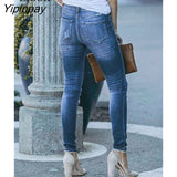 Yipinpay Effect Button Up Skinny Jeans Women High Waist Denim Trousers Streetwear Blue Cotton Distressed Sexy Jean Pencil Pants