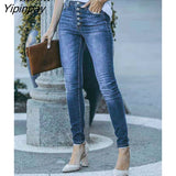 Yipinpay Effect Button Up Skinny Jeans Women High Waist Denim Trousers Streetwear Blue Cotton Distressed Sexy Jean Pencil Pants
