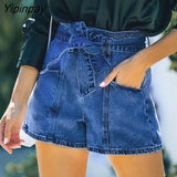 Yipinpay Dark Blue Cotton Skinny Jean Shorts With Belts Pockets Women High Waist Trousers Streetwear Drawstring Sexy Denim Shorts