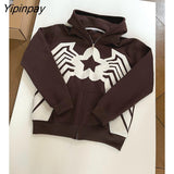 Yipinpay Men Y2K Fashion Hoodie Rhinestones letter graphics Print Zip Hoodie clothes Hoodies Goth Long Sleeve Sweatshirt Oversized Top