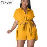 Yipinpay Women Casual Solid Shorts Two Piece Set Short Sleeve Blouse Drawstring Shorts Suit 2023 Summer Lady Fashion Streetwear Outfit