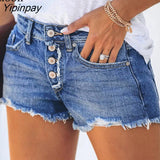 Yipinpay Cotton Ripped Button Up Stretch Jeans Shorts Women With Pockets Wash Distressed Low Waist Sexy Hole Skinny Denim Shorts