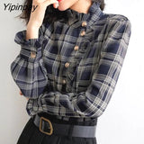 Yipinpay 2023 Summer Elegant Long Sleeve Ruffles Work Shirt Women Office Lady Button Up Plaid Shirt Blouse Casual Female Clothes