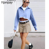 Yipinpay Spring Casual Patchwork Long Sleeve Solid Women Shirt Sexy Button Up Fake two pieces Woman Crop Tops 2023 New In Blouse