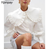Yipinpay Sleeve Ruched Shirts Sexy Cardigan Tops And Blouses Autumn 2023 Long Sleeve Turndown Collar Women Baggy White Blouse