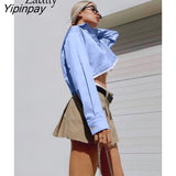 Yipinpay Spring Casual Patchwork Long Sleeve Solid Women Shirt Sexy Button Up Fake two pieces Woman Crop Tops 2023 New In Blouse