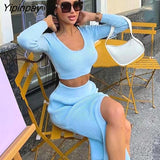 Yipinpay Knit Sweater Two Piece Bodycon Set Women Slit Skirt And Short Tops Long Sleeve High Waist Streetwear Autumn Sweaters Sets