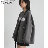 Yipinpay 2023 Winter Korean Style Letter Print Sweatshirt Women Minimalist O Neck Long Sleeve Ladies Hoodies Female Clothing Tops