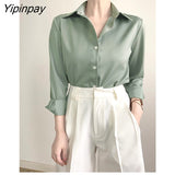 Yipinpay 2023 Summer New Office Lady Long Sleeve Silk Basic Shirt Women Button Up Solid Blouse Fashion Work Female Clothing Tops