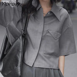 Yipinpay 2023 Summer Short Sleeve Pocket White Shirt Women Minimalist Style Button Up Crop Tops Blouse Casual Female Clothing