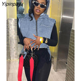 Yipinpay Women Sleeveless Jean Lace Up Vest Coat Female Zipper Fashion Designed Hoodies Streetwear Thickening Outwear Crop Top