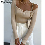 Yipinpay Sexy Knit T Shirt Women Ribbed Top Autumn Long Sleeve Square Collar Basic Tees Bodycon Tshirt Streetwear Black White Tops