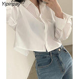 Yipinpay 2023 Spring New Casual Long Sleeve Women White Shirt Korea Style Solid Button Split Woman Crop Tops Blouse Party Clothing