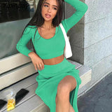 Yipinpay Knit Sweater Two Piece Bodycon Set Women Slit Skirt And Short Tops Long Sleeve High Waist Streetwear Autumn Sweaters Sets