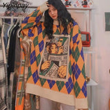 Yipinpay Winter Harajuku Oversize Turtleneck Women's Streetwear Cartoon Patchwork Argyle Knit Women Pullover Y2K Loose Clothes Tops