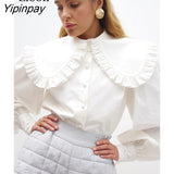 Yipinpay Sleeve Ruched Shirts Sexy Cardigan Tops And Blouses Autumn 2023 Long Sleeve Turndown Collar Women Baggy White Blouse