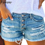 Yipinpay Blue Ripped Denim Shorts With Tassel Pockets Women 2023 Summer Streetwear High Waist Button Up Sexy Hole Rave Jean Shorts