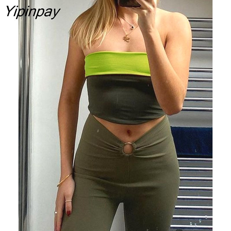 Yipinpay Spliced Tube Top Crop Tops And Bodycon Skirt Suits Women Side Split Dress Set Female Reversible Solid Sleeveless Outfits