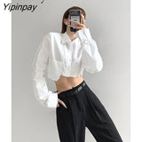Yipinpay 2023 Spring Streetwear Long Sleeve White Shirt Women Y2K Loose Pocket Button Up Crop Tops Blouse Korean Style Clothing