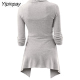 Yipinpay Knit Asymmetrical Long Cardigan Women Sweater Female Casual Solid V-Neck Long Sleeve Winter Cardigans