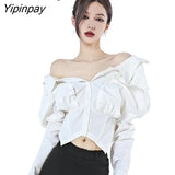 Yipinpay Street Sytle Long Sleeve Off The Shoulder White Shirt Women Slim Y2K Ladies Crop Tops Blouse 2023 Summer Female Clothing