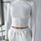 Yipinpay Black White Knit T Shirt Women Ribbed Crop Top Long Sleeve O Neck Basic Tees Short Tshirt Streetwear Sexy Bodycon Tops