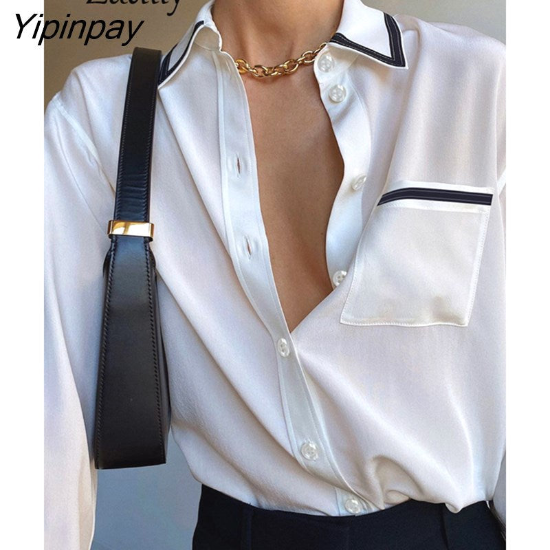 Yipinpay 2023 Spring Office Lady Patchwork Long Sleeve Women White Basic Shirt Korea Style Button Up Woman Blouse Work Female Tops
