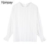 Yipinpay Spring Fashion Korea Style Loose Chiffon Women Blouse Lantern Sleeve Solid Lace White Ladies Shirts O Neck Female Clothing