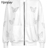 Yipinpay Streetwear Butterfly Print Rhinestone Zip-per Tracksuits Y2K Fashion Oversized Zippper Hoodies Sweatpants