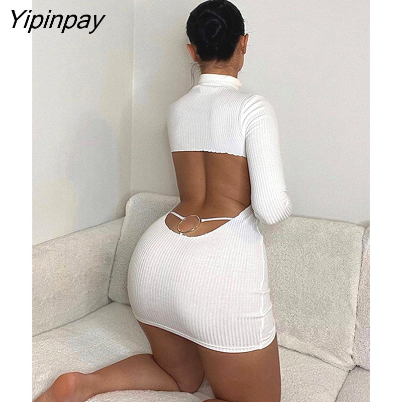 Yipinpay Sexy Backless Thin Slim Sweater Dress Female Long Sleeve High Collar Casual Club Bar Mini Dresses Lady Show Waist Sundress