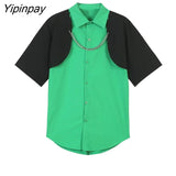 Yipinpay 2023 Summer Y2K Short Sleeve Chain Shirt Women Street Style Oversize Patchwork Button Ladies Tunic Blouse Female Clothing