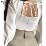 Yipinpay 2023 Autumn Puff Long Sleeve White Blouse Women Sexy Square Collar Backless Ladies Crop Tops Shirt Party Female Clothing