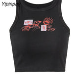 Yipinpay Eye Portrait Print T-shirt Aesthetic Y2K Crop Tops Short Sleevle Vest Tees Harajuku Streetwear Suspenders Women Clothes